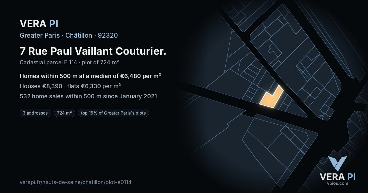 7 Rue Paul Vaillant Couturier, Châtillon at night – the plot lit, the parcels around coloured by the prices near them