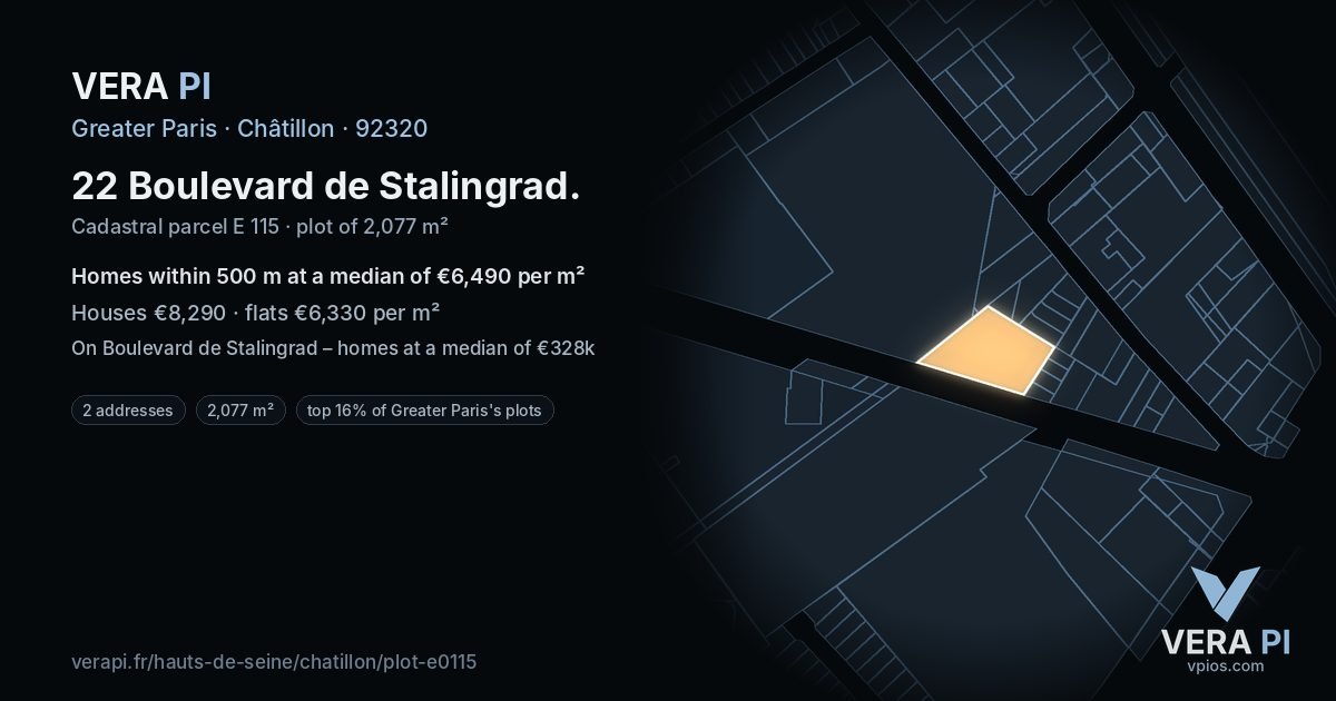22 Boulevard de Stalingrad, Châtillon at night – the plot lit, the parcels around coloured by the prices near them