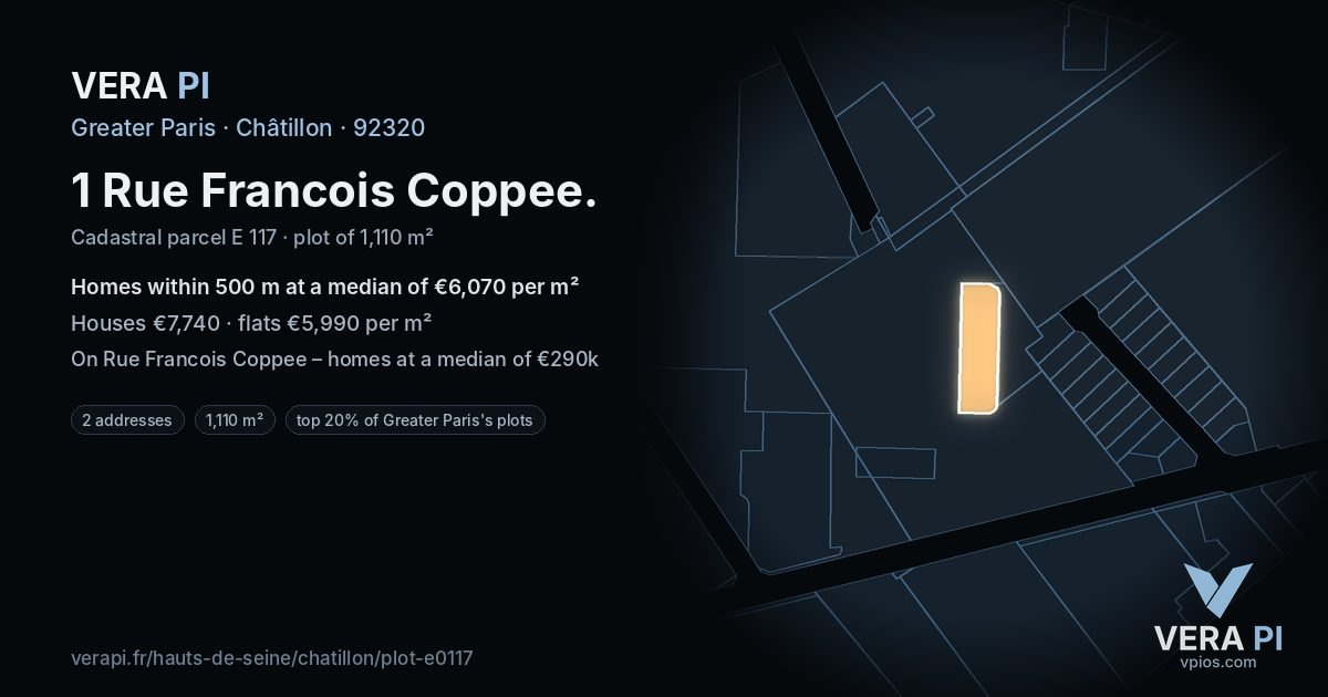 1 Rue Francois Coppee, Châtillon at night – the plot lit, the parcels around coloured by the prices near them