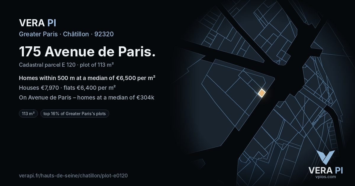 175 Avenue de Paris, Châtillon at night – the plot lit, the parcels around coloured by the prices near them