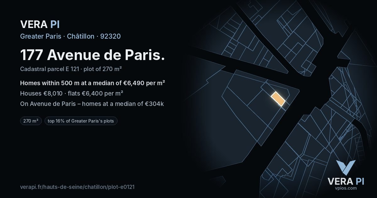 177 Avenue de Paris, Châtillon at night – the plot lit, the parcels around coloured by the prices near them