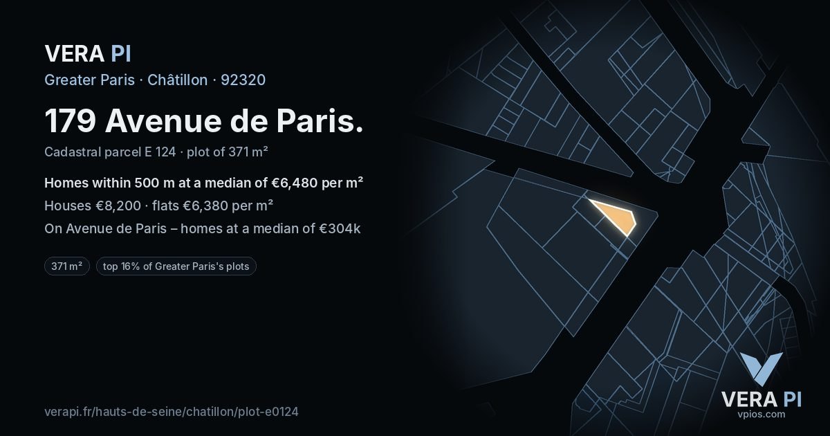 179 Avenue de Paris, Châtillon at night – the plot lit, the parcels around coloured by the prices near them