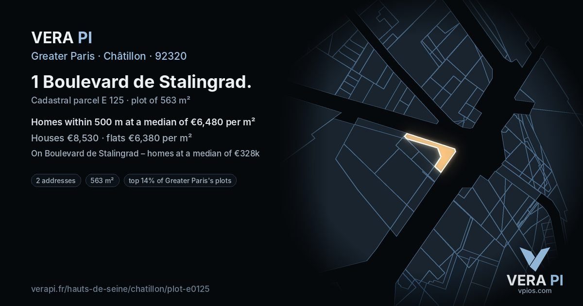1 Boulevard de Stalingrad, Châtillon at night – the plot lit, the parcels around coloured by the prices near them