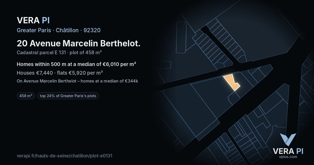 20 Avenue Marcelin Berthelot, Châtillon at night – the plot lit, the parcels around coloured by the prices near them