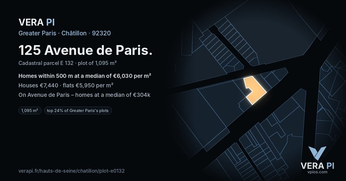 125 Avenue de Paris, Châtillon at night – the plot lit, the parcels around coloured by the prices near them