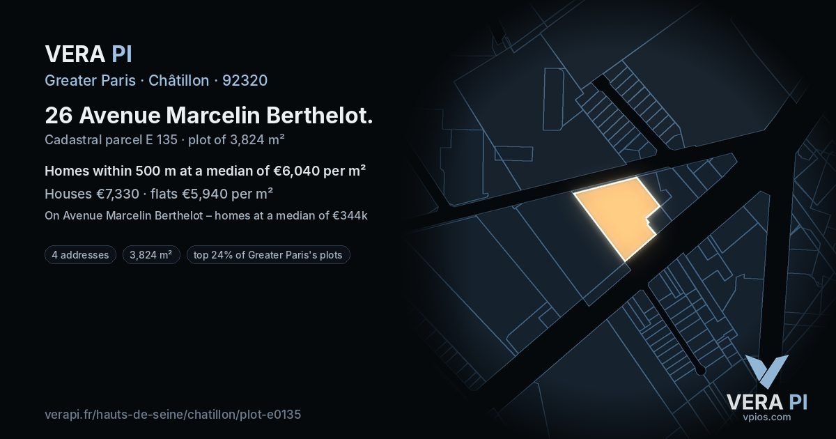 26 Avenue Marcelin Berthelot, Châtillon at night – the plot lit, the parcels around coloured by the prices near them