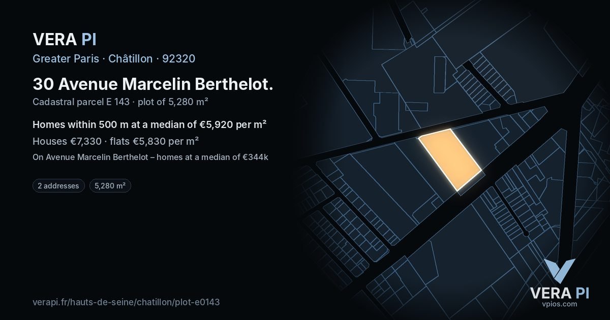 30 Avenue Marcelin Berthelot, Châtillon at night – the plot lit, the parcels around coloured by the prices near them