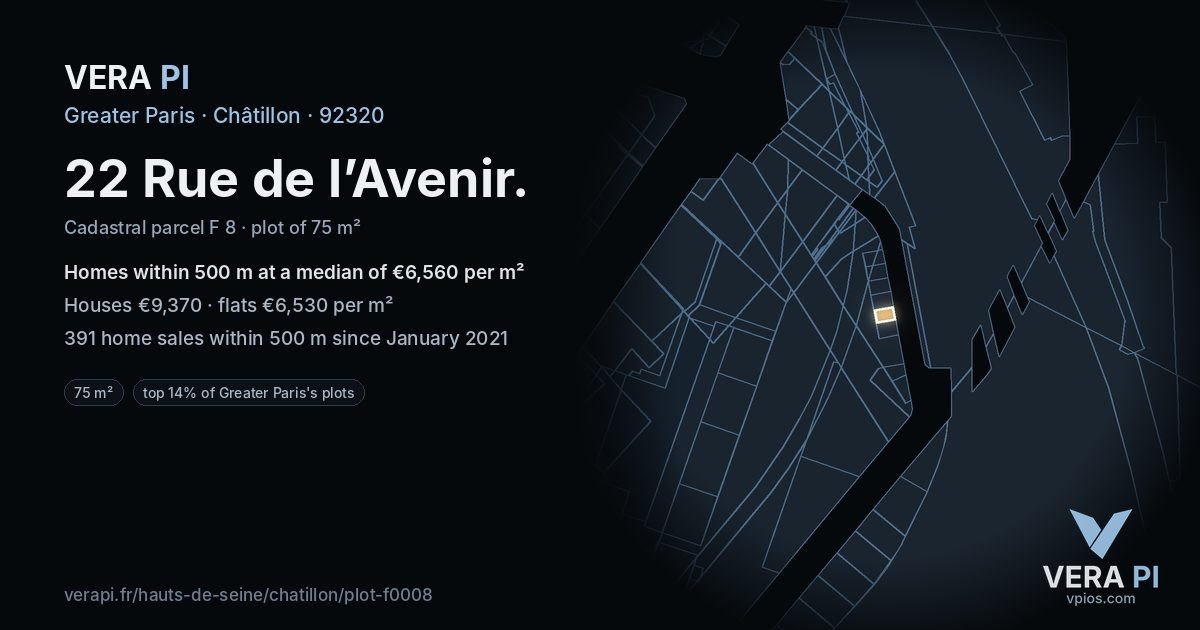 22 Rue de l’Avenir, Châtillon at night – the plot lit, the parcels around coloured by the prices near them