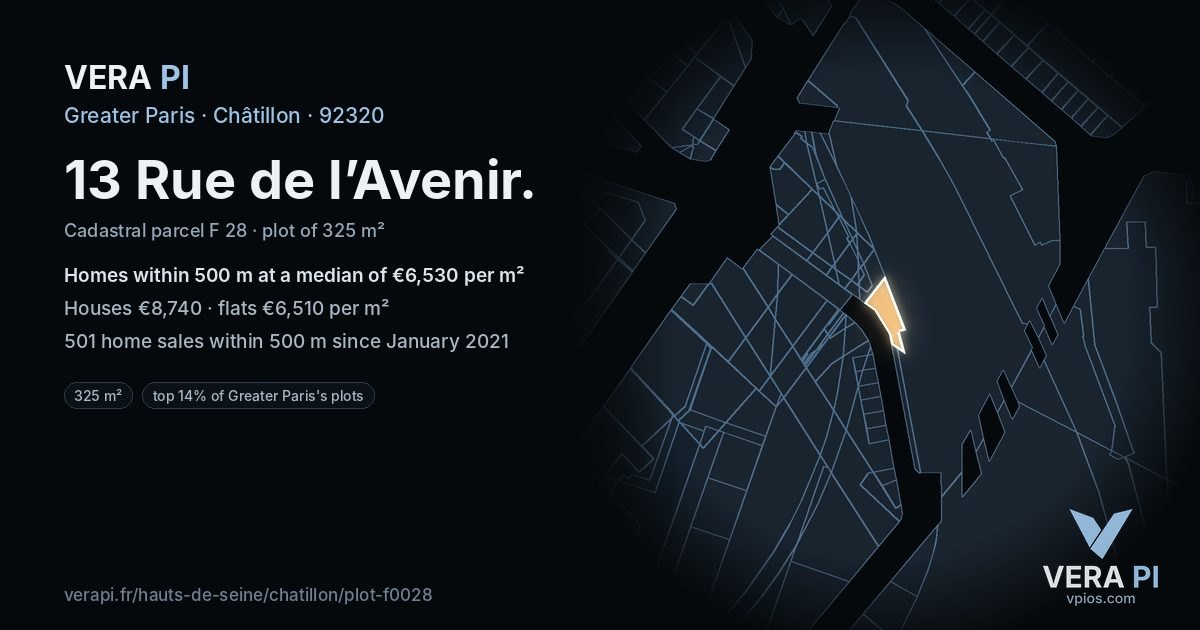 13 Rue de l’Avenir, Châtillon at night – the plot lit, the parcels around coloured by the prices near them