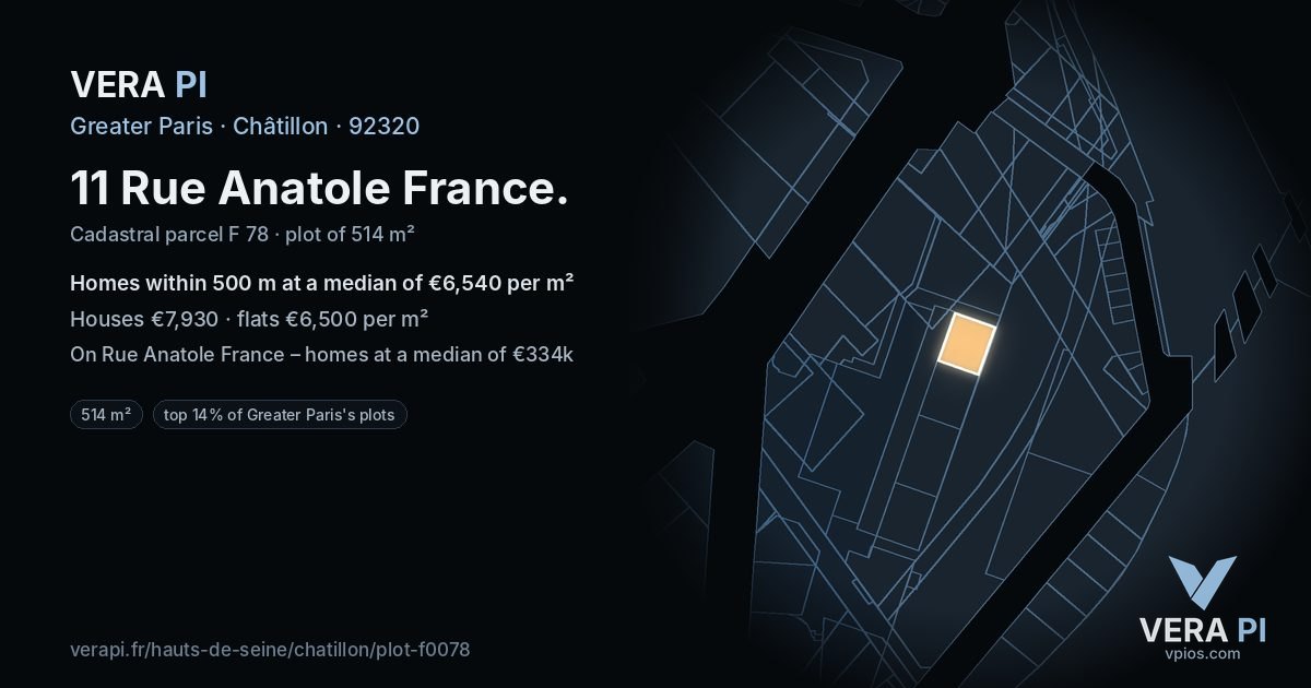 11 Rue Anatole France, Châtillon at night – the plot lit, the parcels around coloured by the prices near them