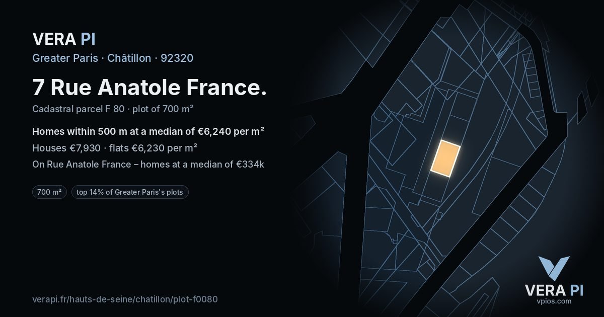 7 Rue Anatole France, Châtillon at night – the plot lit, the parcels around coloured by the prices near them