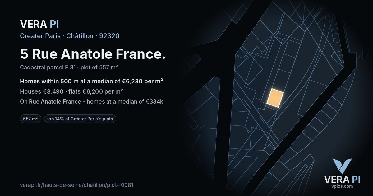 5 Rue Anatole France, Châtillon at night – the plot lit, the parcels around coloured by the prices near them