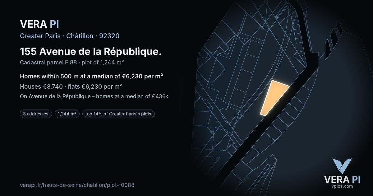 155 Avenue de la République, Châtillon at night – the plot lit, the parcels around coloured by the prices near them