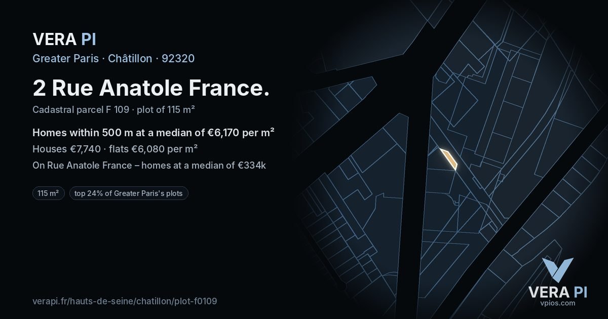 2 Rue Anatole France, Châtillon at night – the plot lit, the parcels around coloured by the prices near them