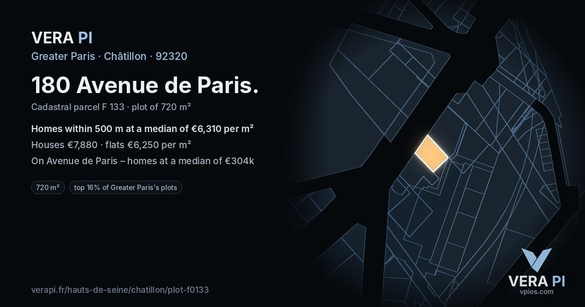 180 Avenue de Paris, Châtillon at night – the plot lit, the parcels around coloured by the prices near them