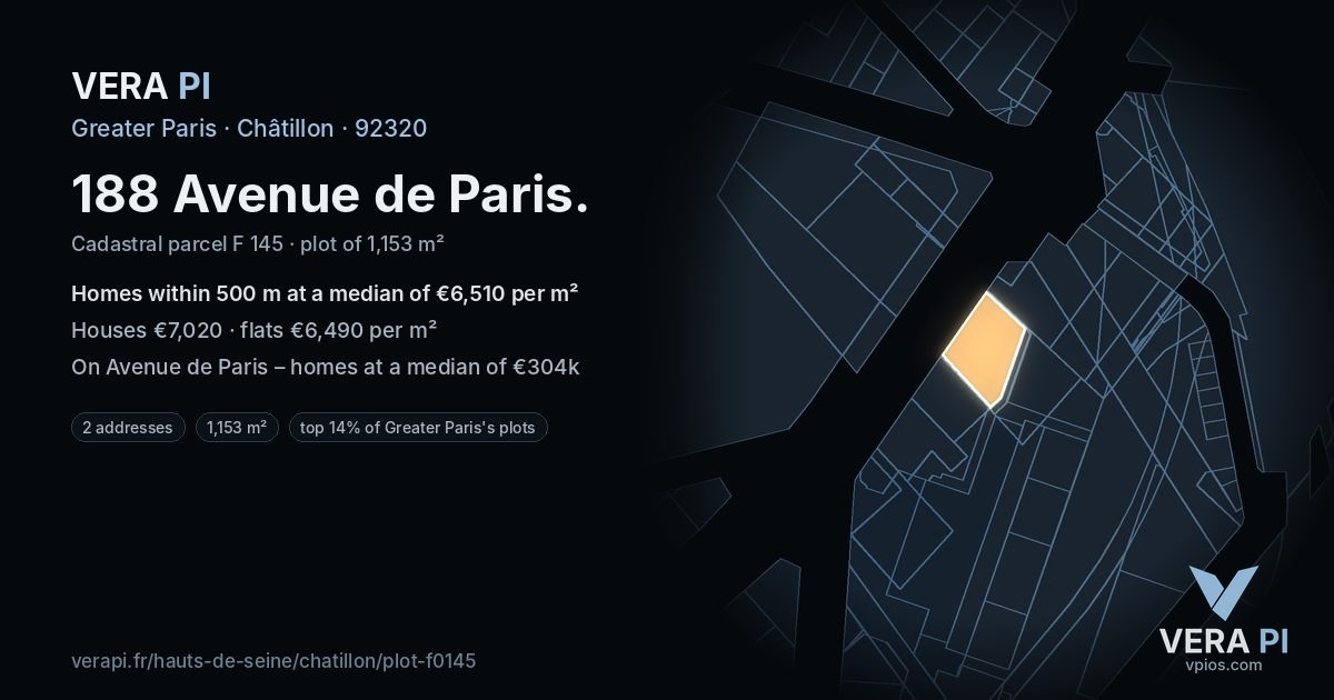 188 Avenue de Paris, Châtillon at night – the plot lit, the parcels around coloured by the prices near them