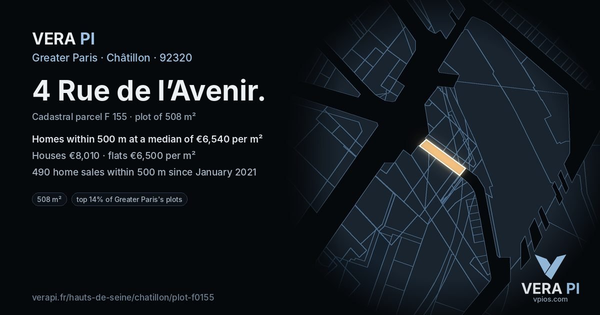 4 Rue de l’Avenir, Châtillon at night – the plot lit, the parcels around coloured by the prices near them
