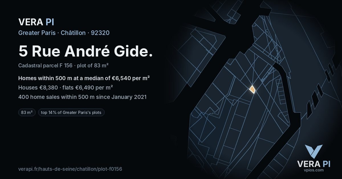 5 Rue André Gide, Châtillon at night – the plot lit, the parcels around coloured by the prices near them