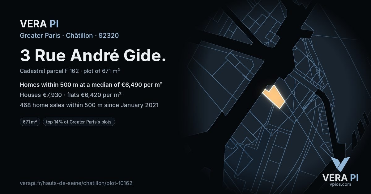 3 Rue André Gide, Châtillon at night – the plot lit, the parcels around coloured by the prices near them