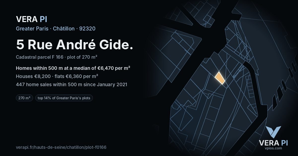 5 Rue André Gide, Châtillon at night – the plot lit, the parcels around coloured by the prices near them