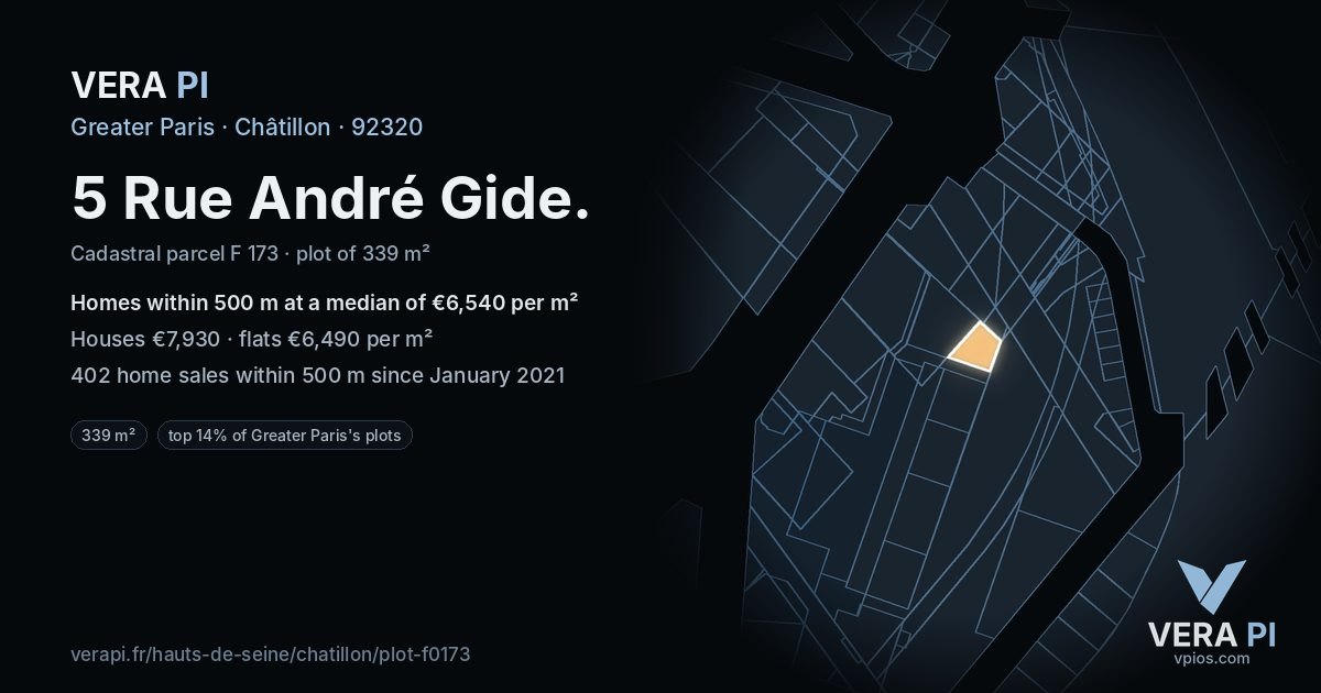 5 Rue André Gide, Châtillon at night – the plot lit, the parcels around coloured by the prices near them