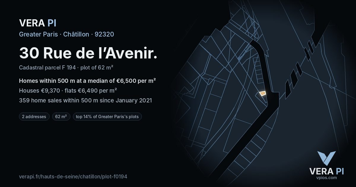 30 Rue de l’Avenir, Châtillon at night – the plot lit, the parcels around coloured by the prices near them
