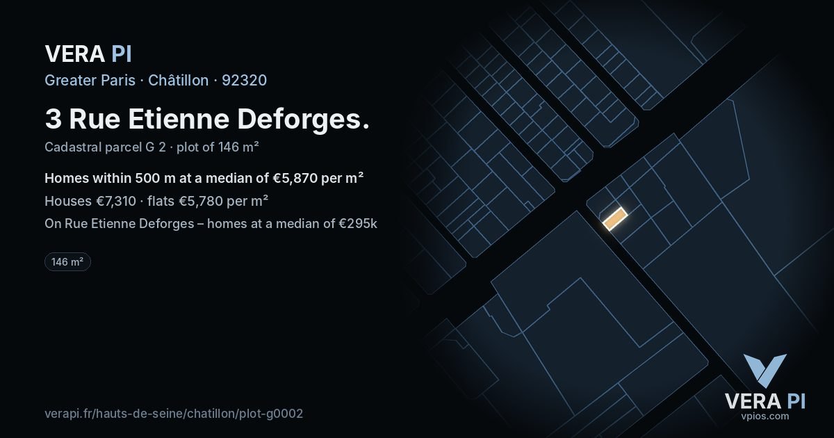 3 Rue Etienne Deforges, Châtillon at night – the plot lit, the parcels around coloured by the prices near them