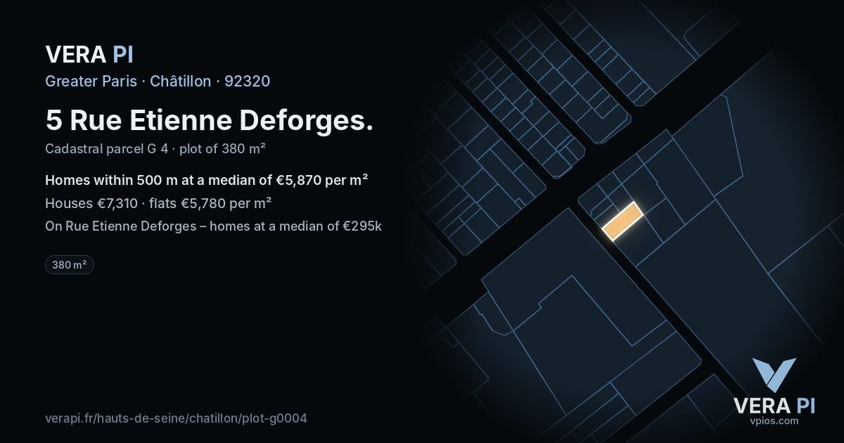 5 Rue Etienne Deforges, Châtillon at night – the plot lit, the parcels around coloured by the prices near them