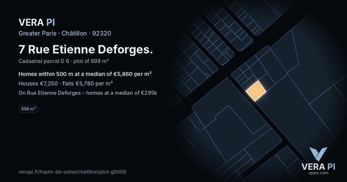7 Rue Etienne Deforges, Châtillon at night – the plot lit, the parcels around coloured by the prices near them
