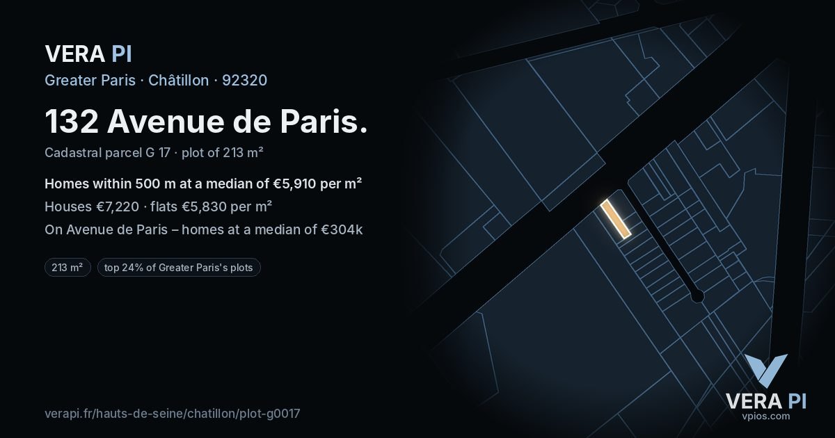132 Avenue de Paris, Châtillon at night – the plot lit, the parcels around coloured by the prices near them