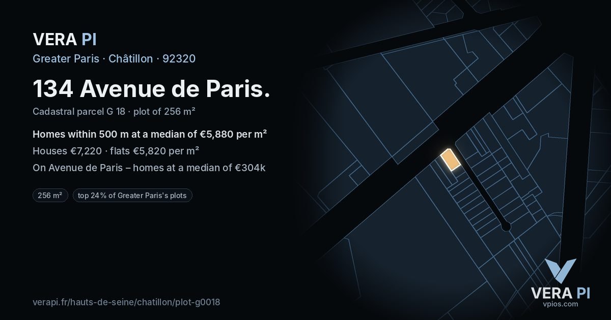 134 Avenue de Paris, Châtillon at night – the plot lit, the parcels around coloured by the prices near them
