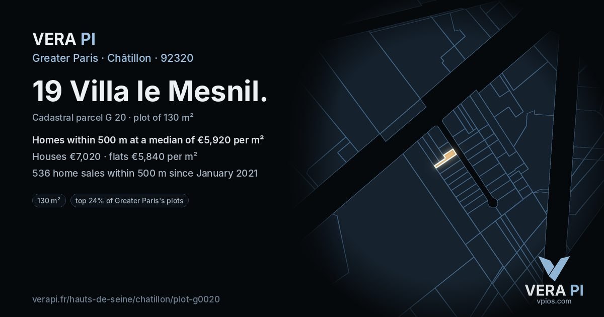 19 Villa le Mesnil, Châtillon at night – the plot lit, the parcels around coloured by the prices near them