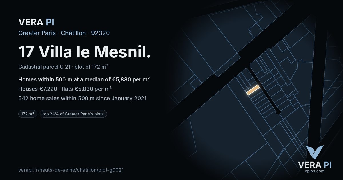 17 Villa le Mesnil, Châtillon at night – the plot lit, the parcels around coloured by the prices near them