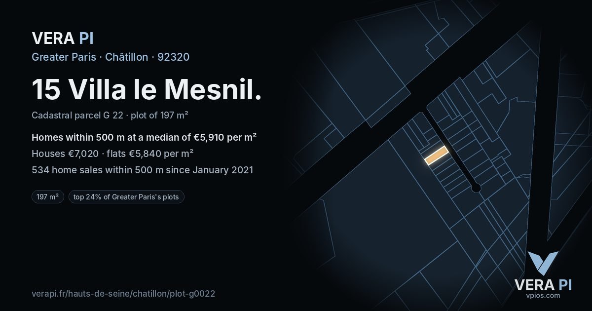 15 Villa le Mesnil, Châtillon at night – the plot lit, the parcels around coloured by the prices near them