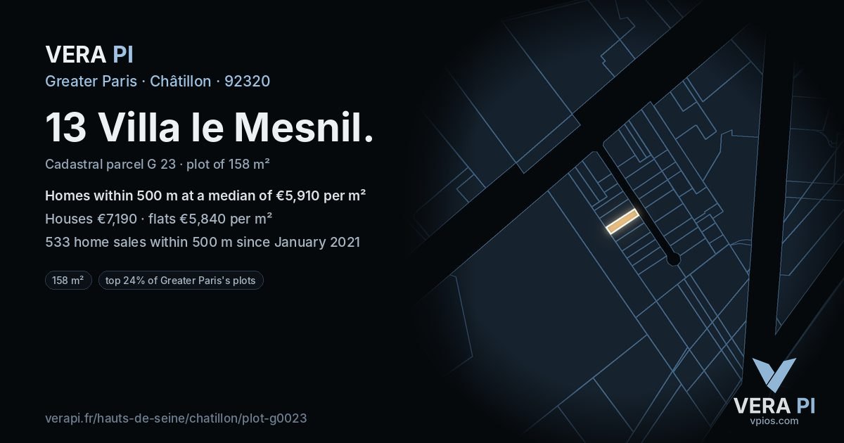 13 Villa le Mesnil, Châtillon at night – the plot lit, the parcels around coloured by the prices near them