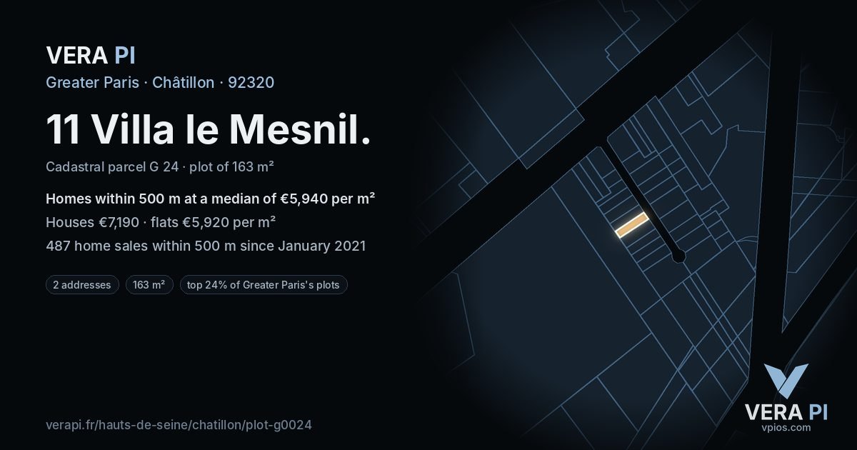 11 Villa le Mesnil, Châtillon at night – the plot lit, the parcels around coloured by the prices near them