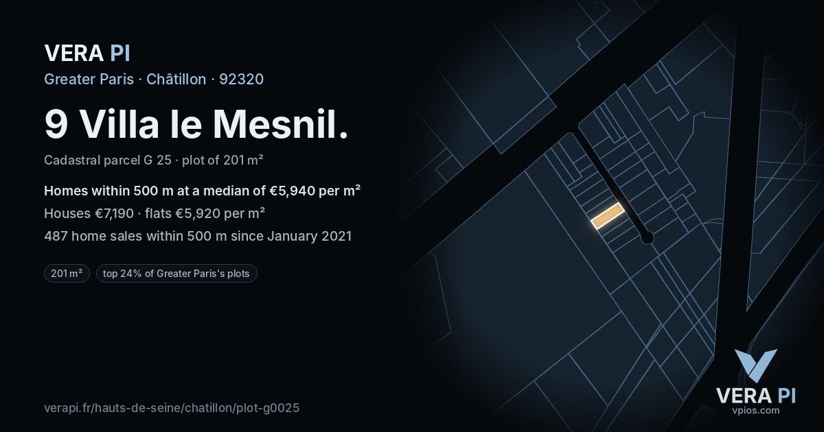 9 Villa le Mesnil, Châtillon at night – the plot lit, the parcels around coloured by the prices near them