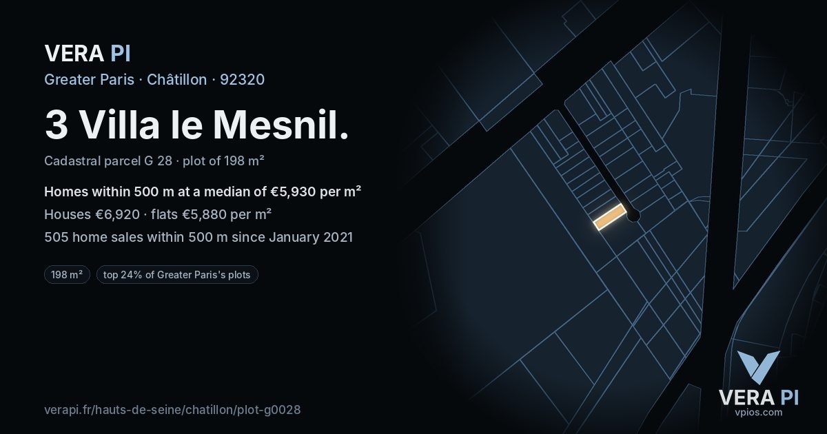 3 Villa le Mesnil, Châtillon at night – the plot lit, the parcels around coloured by the prices near them