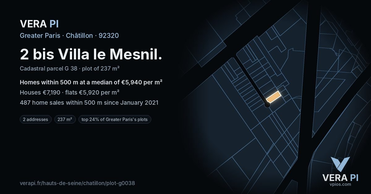 2 bis Villa le Mesnil, Châtillon at night – the plot lit, the parcels around coloured by the prices near them