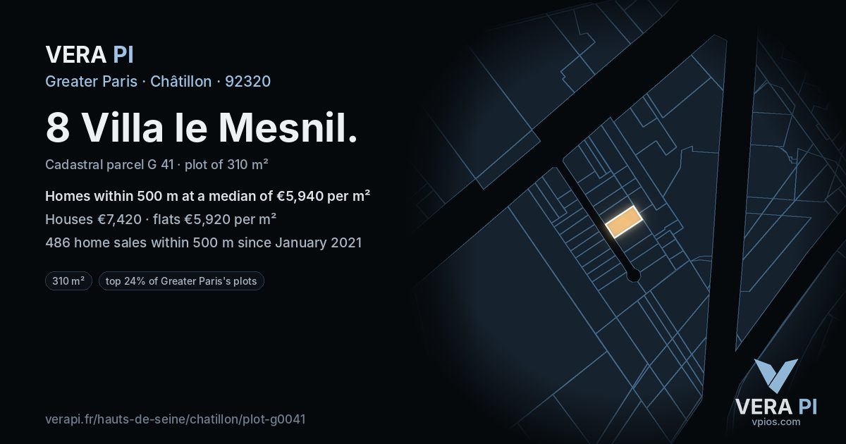 8 Villa le Mesnil, Châtillon at night – the plot lit, the parcels around coloured by the prices near them