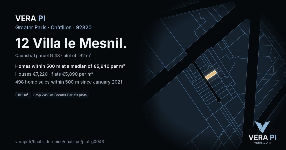 12 Villa le Mesnil, Châtillon at night – the plot lit, the parcels around coloured by the prices near them