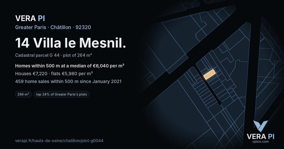14 Villa le Mesnil, Châtillon at night – the plot lit, the parcels around coloured by the prices near them