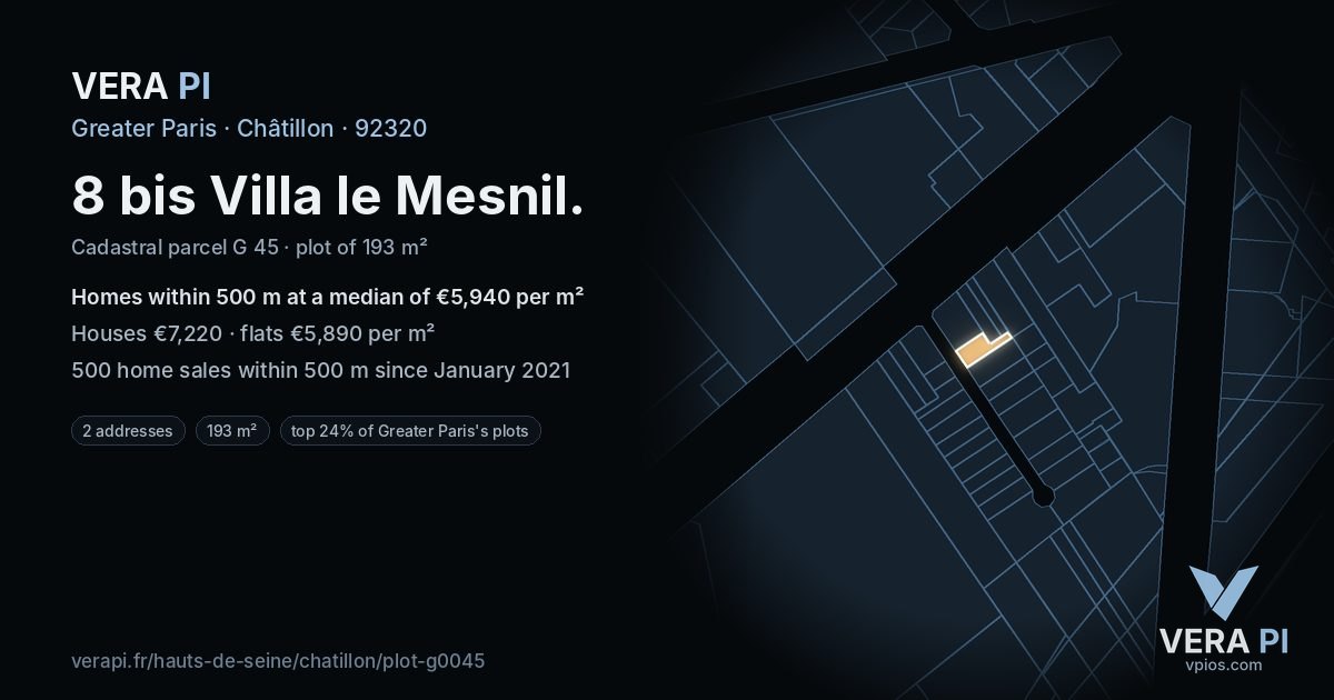 8 bis Villa le Mesnil, Châtillon at night – the plot lit, the parcels around coloured by the prices near them