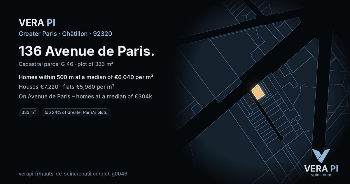 136 Avenue de Paris, Châtillon at night – the plot lit, the parcels around coloured by the prices near them