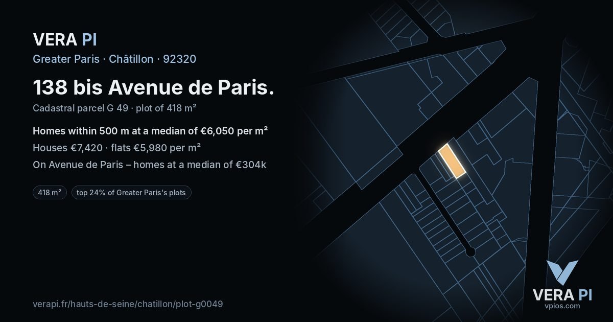 138 bis Avenue de Paris, Châtillon at night – the plot lit, the parcels around coloured by the prices near them