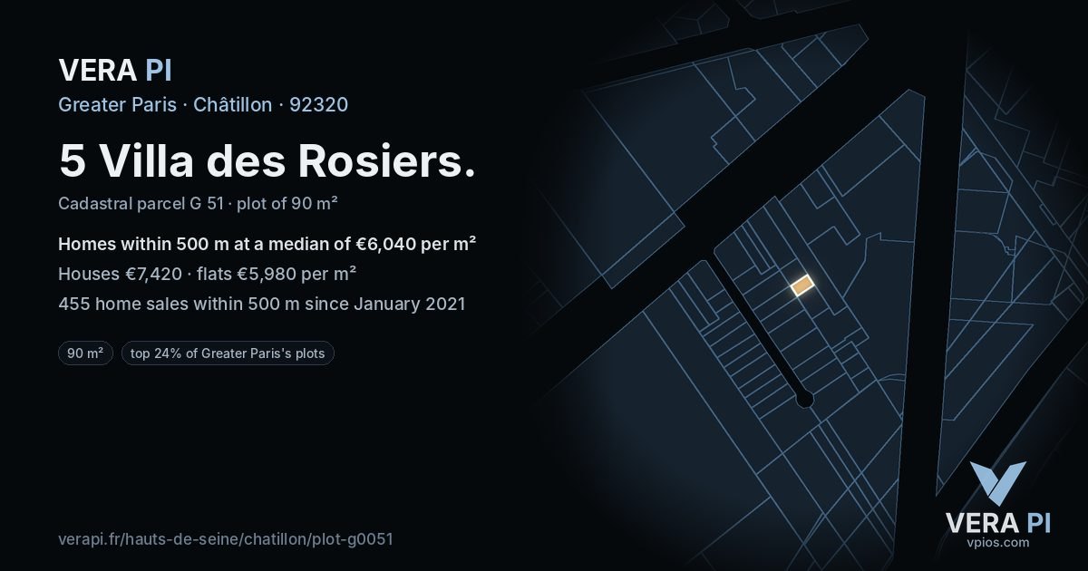 5 Villa des Rosiers, Châtillon at night – the plot lit, the parcels around coloured by the prices near them