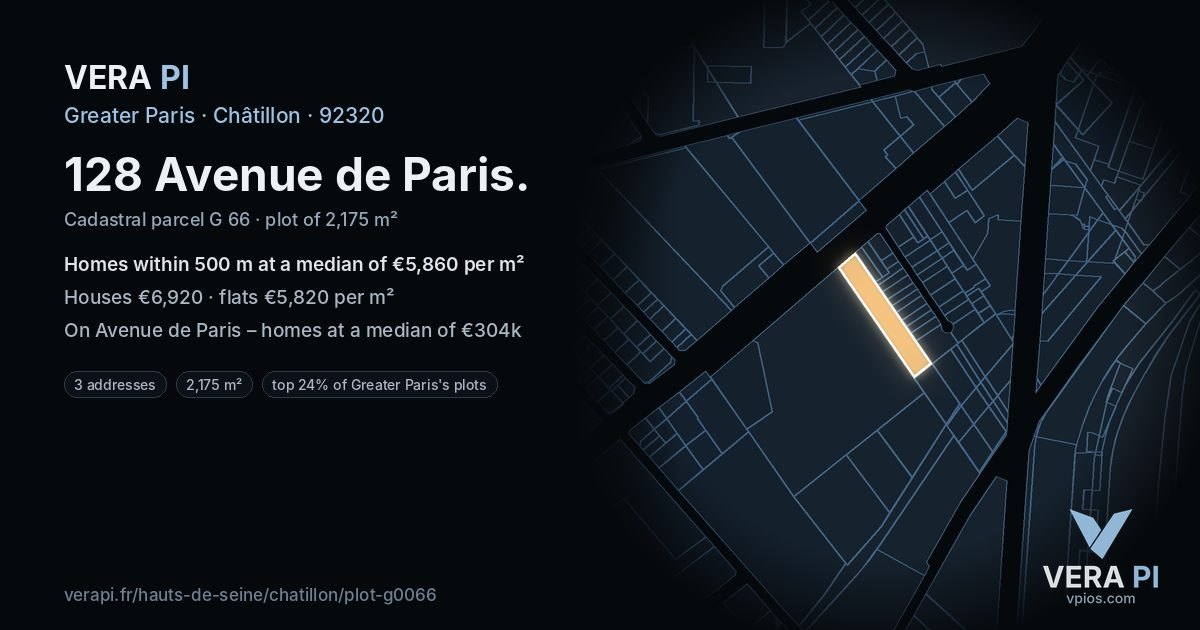 128 Avenue de Paris, Châtillon at night – the plot lit, the parcels around coloured by the prices near them