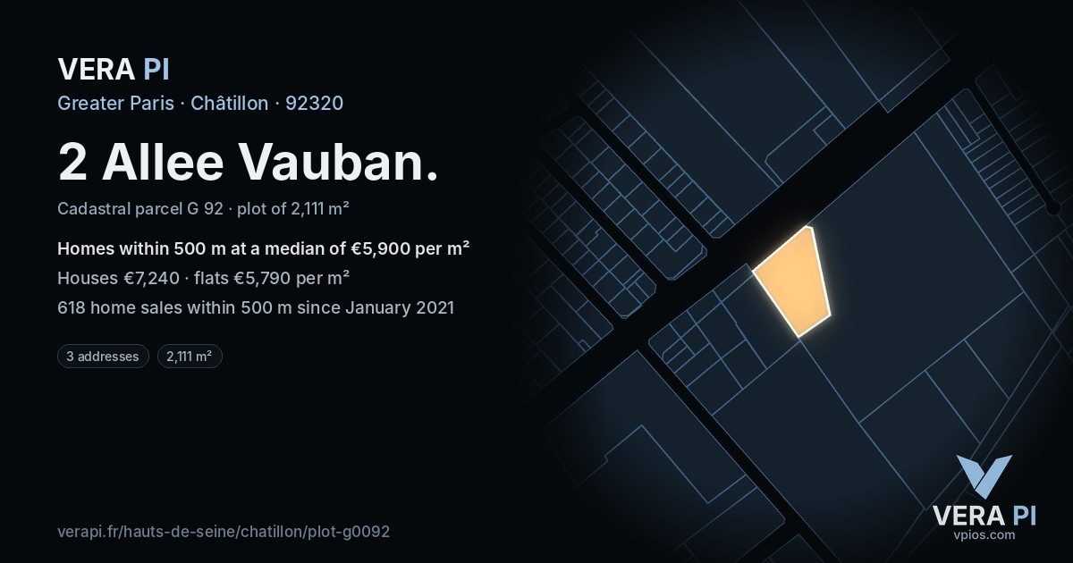 2 Allee Vauban, Châtillon at night – the plot lit, the parcels around coloured by the prices near them