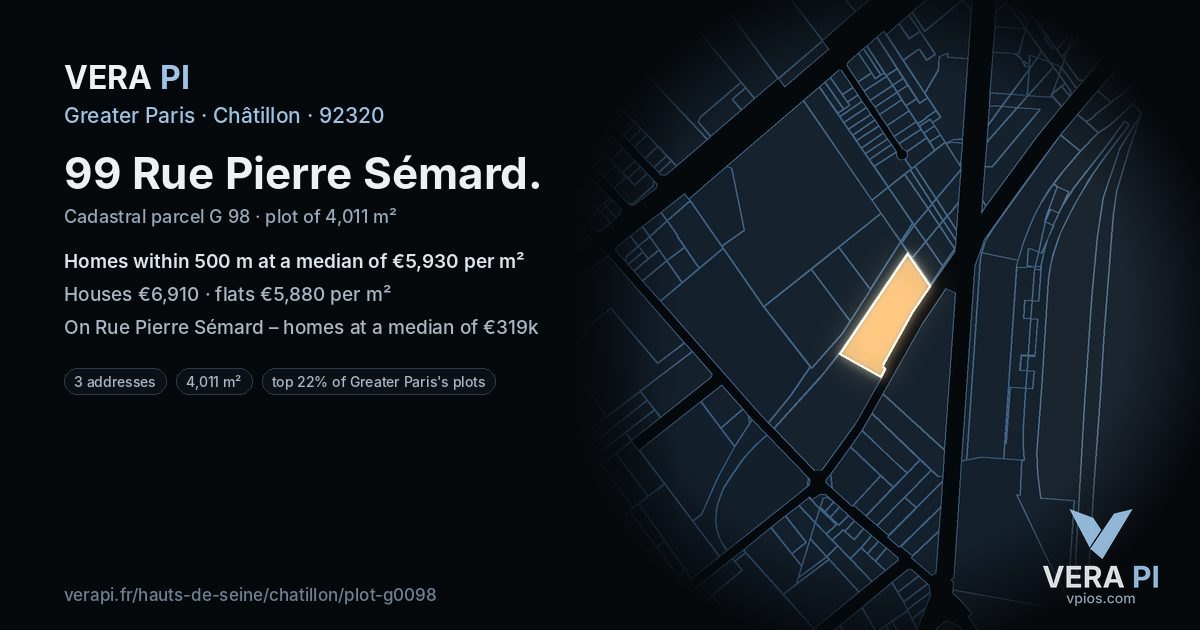 99 Rue Pierre Sémard, Châtillon at night – the plot lit, the parcels around coloured by the prices near them