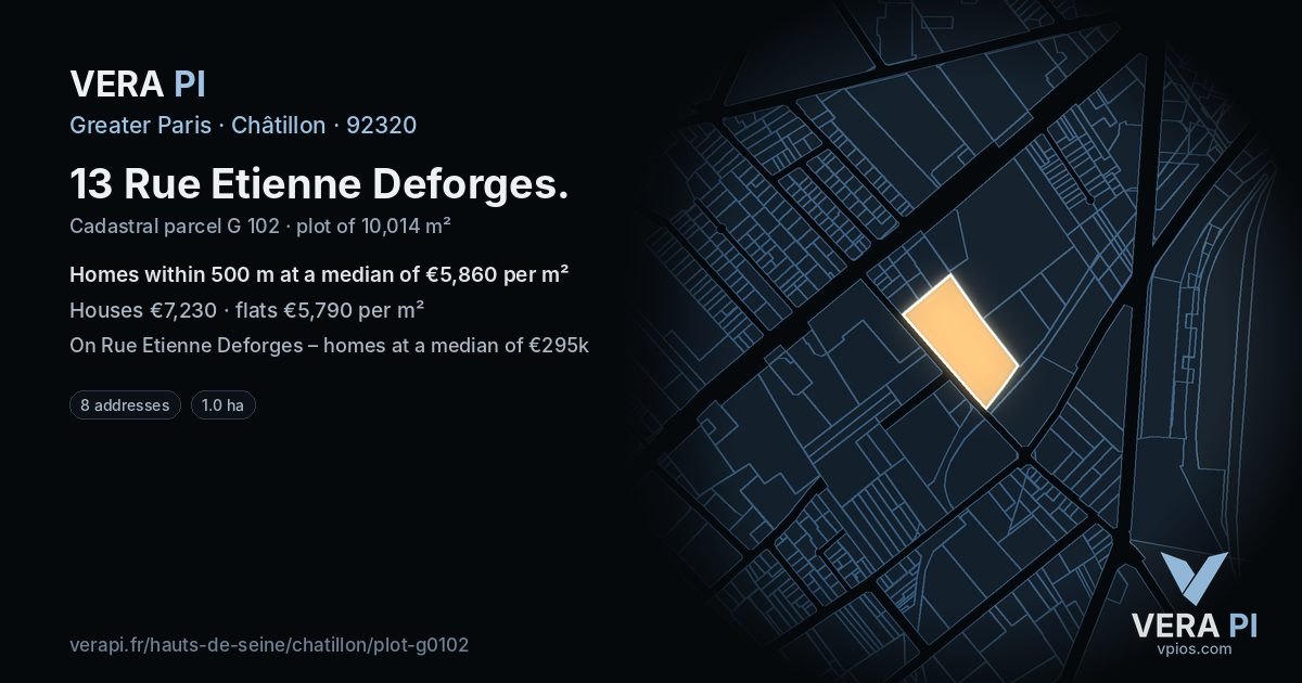 13 Rue Etienne Deforges, Châtillon at night – the plot lit, the parcels around coloured by the prices near them